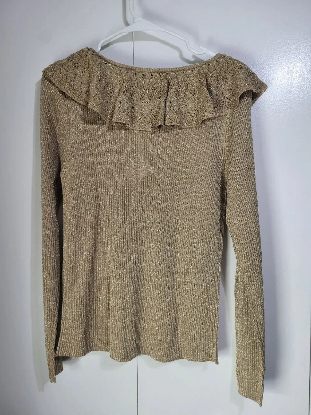 LAUREN RALPH LAUREN Womens L Gold Metallic Silk Polyester Ribbed Sweater Ruffle - Picture 3 of 7